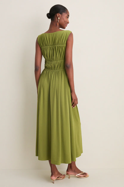 Cedar Green Crepe Jersey Smocked Aurelia Dress