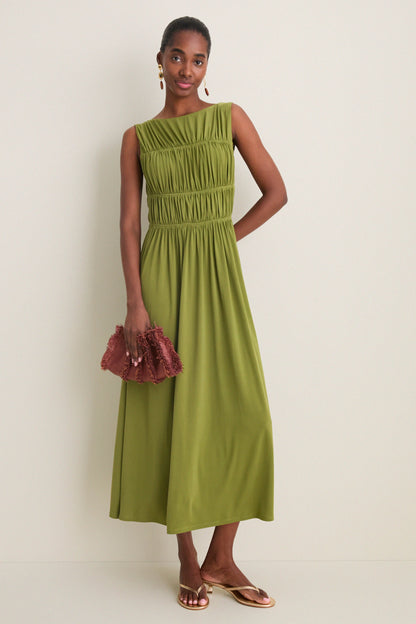Cedar Green Crepe Jersey Smocked Aurelia Dress