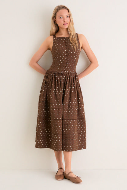 Brown and Ivory Polka Dot Stella Midi Dress