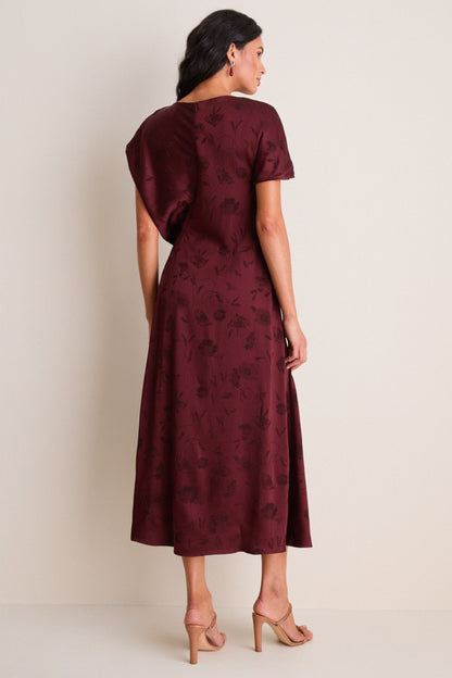 Bordeaux Floral Creponne Jacquard Midi Dress