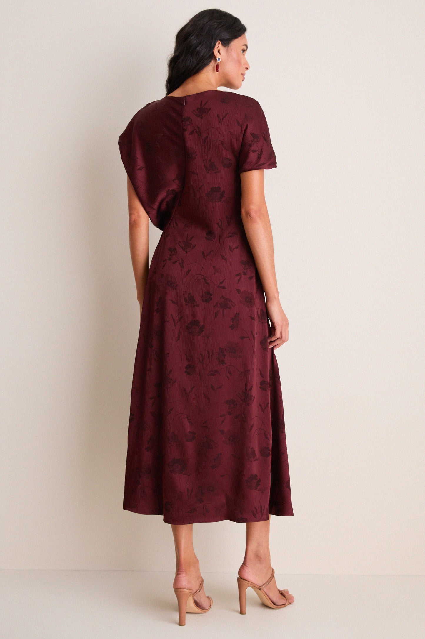 Bordeaux Floral Creponne Jacquard Midi Dress