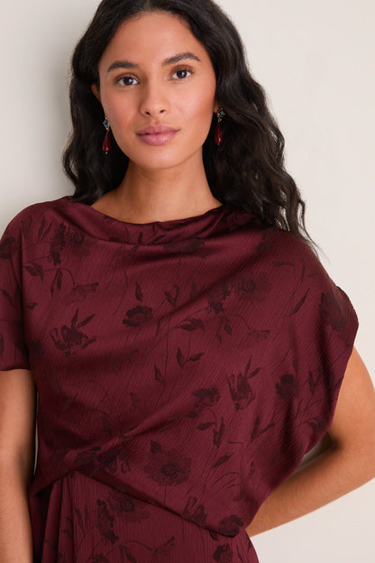 Bordeaux Floral Creponne Jacquard Midi Dress