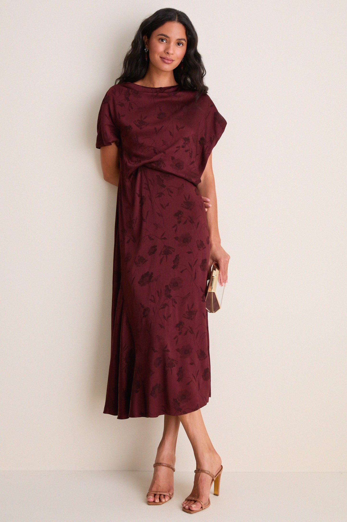 Bordeaux Floral Creponne Jacquard Midi Dress