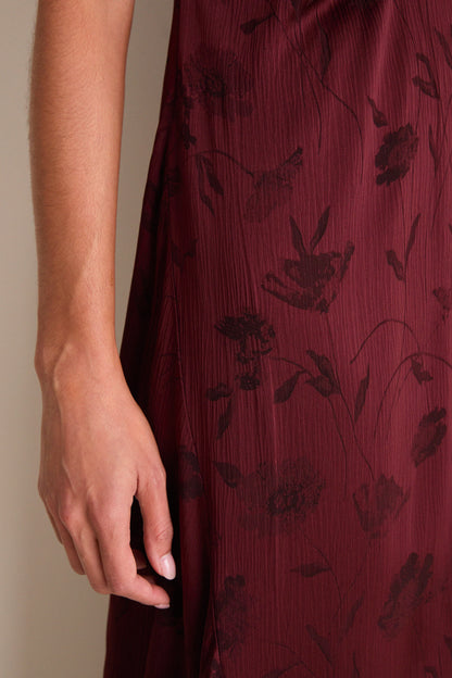 Bordeaux Floral Creponne Jacquard Midi Dress
