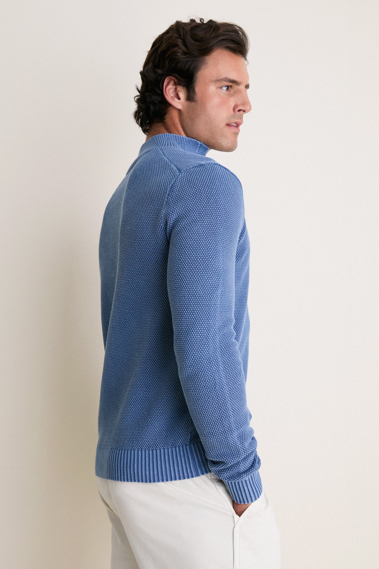 Chambray Blue Birdseye Cotton Split-Neck Sweater