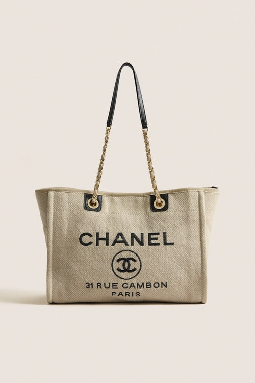 CHANEL Beige Black Canvas Deauville Tote Bag