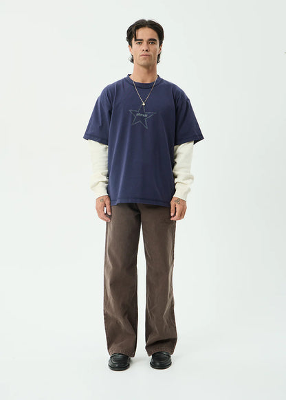 AFENDS Mens Chains - Heavyweight Layered Waffle Long Sleeve Tee - Washed Deep Sea