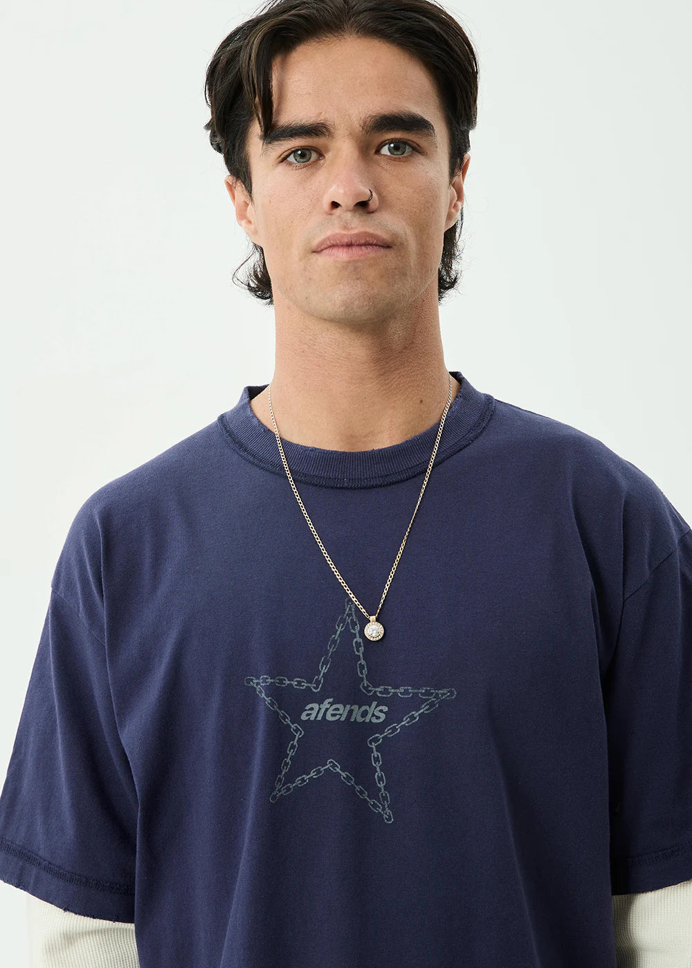 AFENDS Mens Chains - Heavyweight Layered Waffle Long Sleeve Tee - Washed Deep Sea