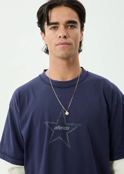 AFENDS Mens Chains - Heavyweight Layered Waffle Long Sleeve Tee - Washed Deep Sea