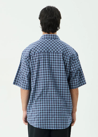 AFENDS Mens Mountains - Workwear Short Sleeve Shirt - Navy Check