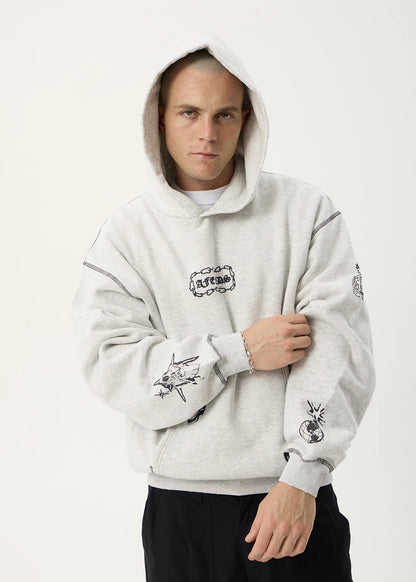 AFENDS Mens Spiritual - Distressed Boxy Hood - Grey Marle