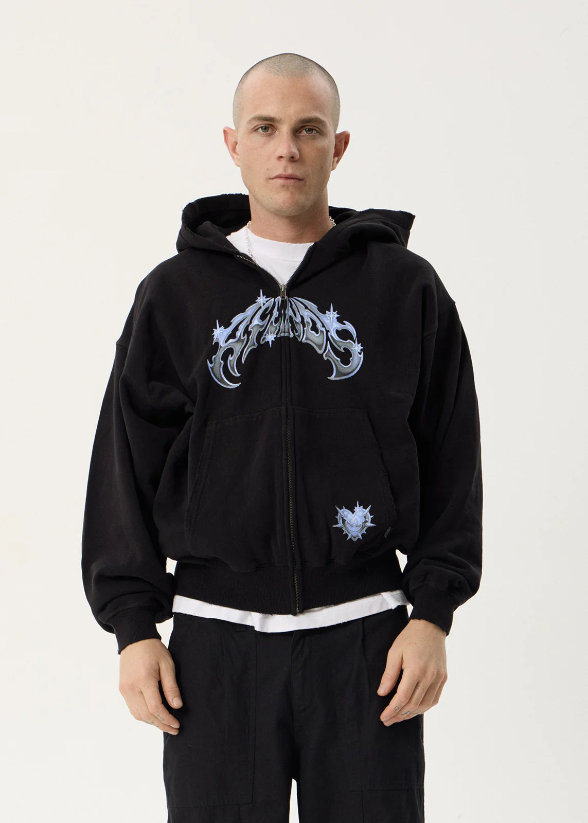 AFENDS Mens Scorpius - Distressed Boxy Zip Hood - Stone Black