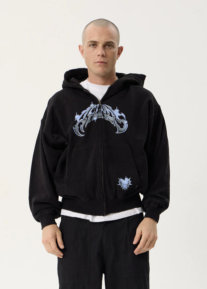 AFENDS Mens Scorpius - Distressed Boxy Zip Hood - Stone Black