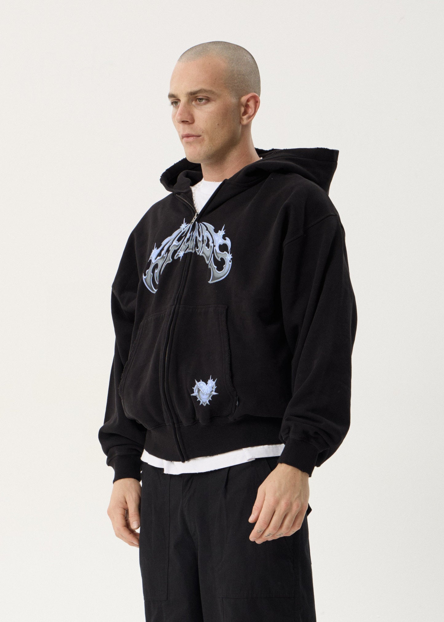 AFENDS Mens Scorpius - Distressed Boxy Zip Hood - Stone Black