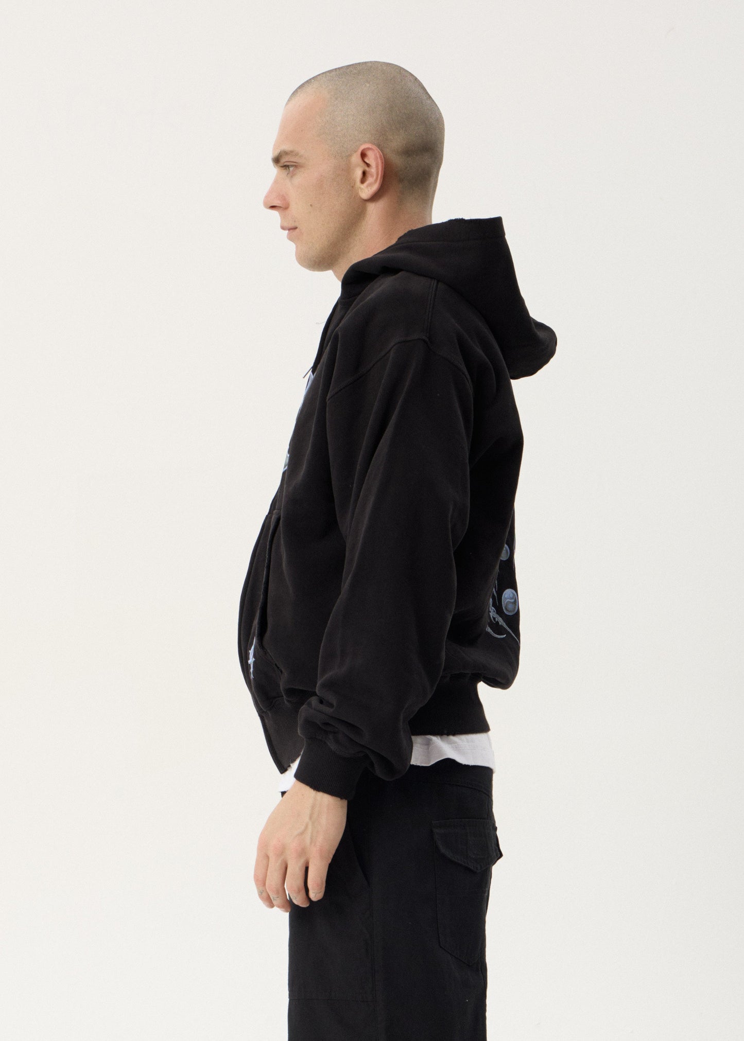 AFENDS Mens Scorpius - Distressed Boxy Zip Hood - Stone Black