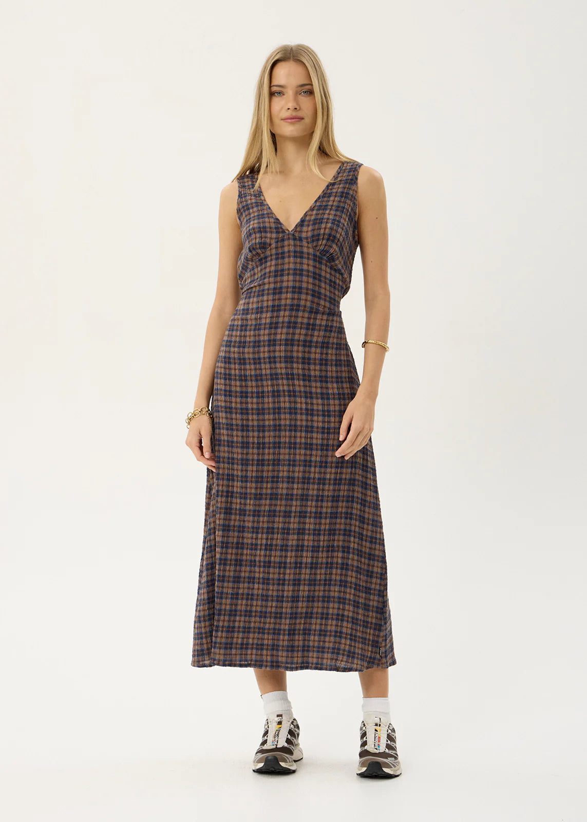 AFENDS Womens Tully - Seersucker Maxi Dress - Shev Indigo Check