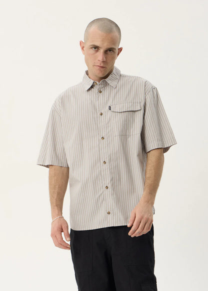 AFENDS Mens Lennox - Short Sleeve Shirt - Olive Stripe