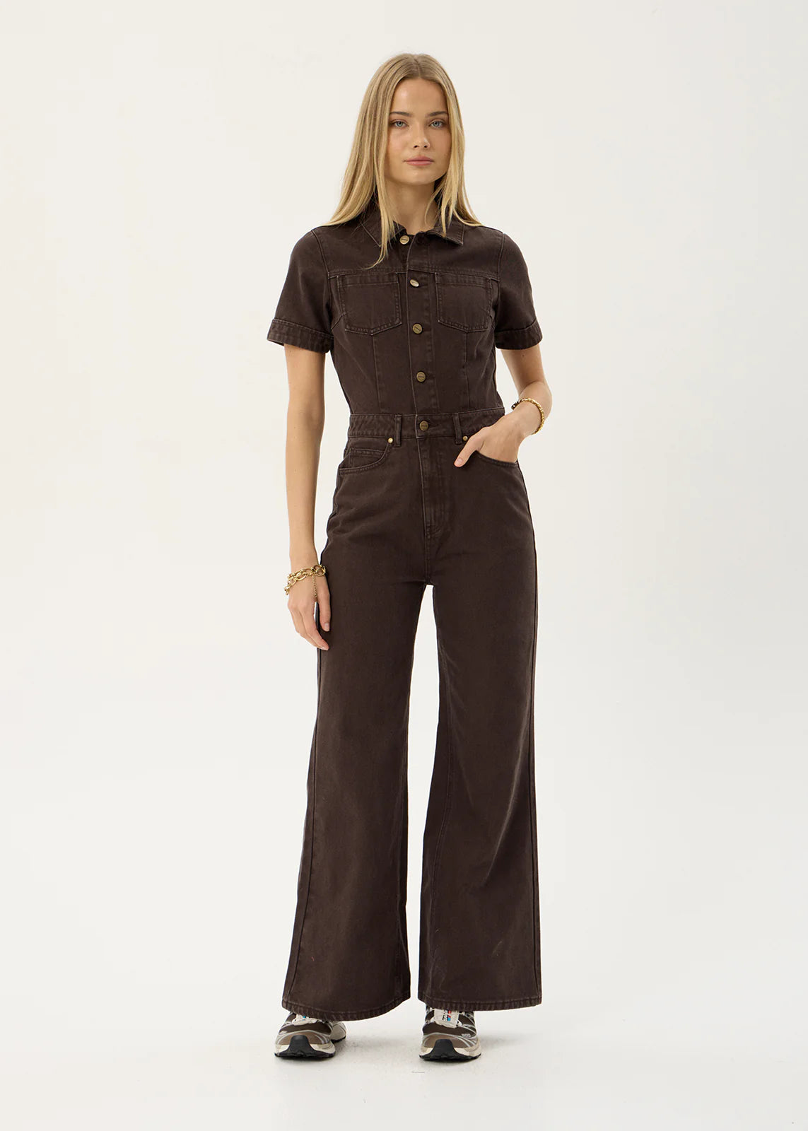 AFENDS Womens Miami - Denim Flared Leg Jumpsuit - Washed Coffee