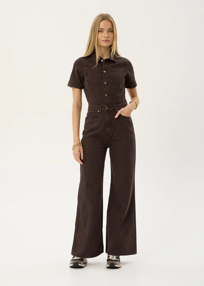 AFENDS Womens Miami - Denim Flared Leg Jumpsuit - Washed Coffee
