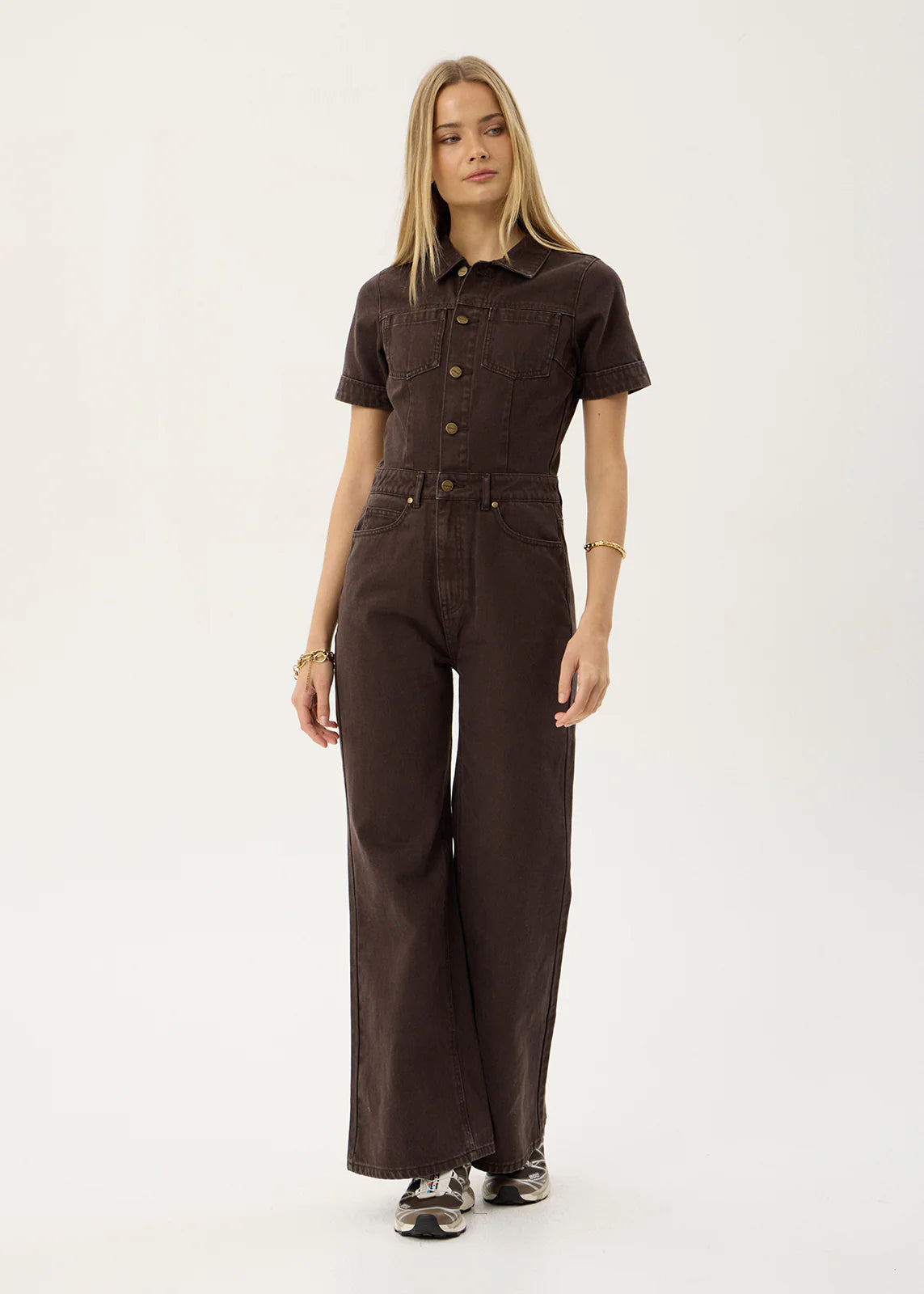 AFENDS Womens Miami - Denim Flared Leg Jumpsuit - Washed Coffee