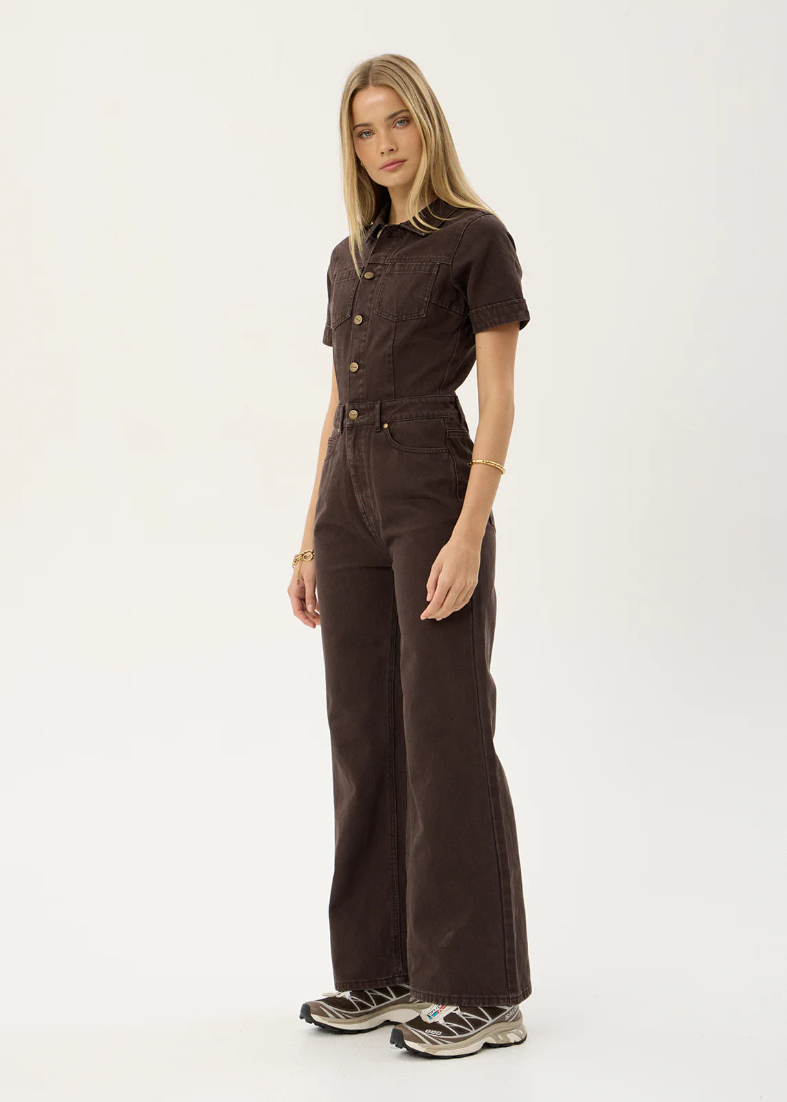 AFENDS Womens Miami - Denim Flared Leg Jumpsuit - Washed Coffee