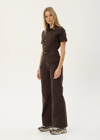AFENDS Womens Miami - Denim Flared Leg Jumpsuit - Washed Coffee