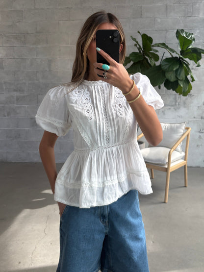 BLACK TAPE Short Sleeve Embroidered Peplum Blouse