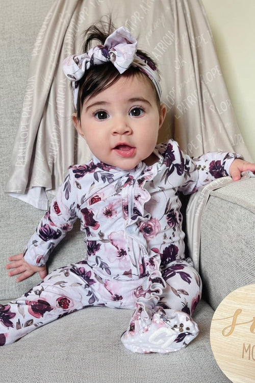 Demi's Dusty Purple Floral Ruffle Zipper Footie