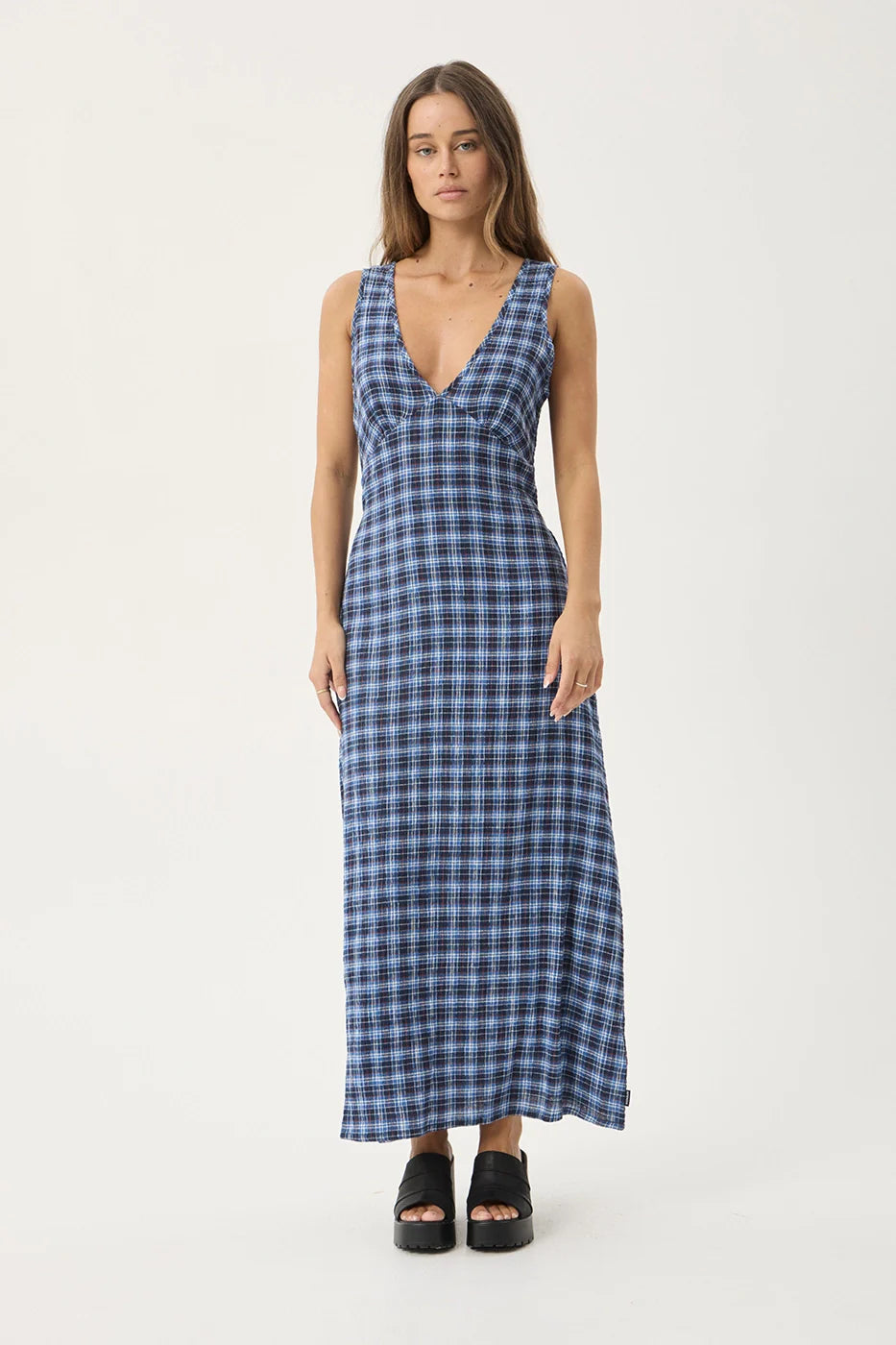 AFENDS Womens Tully - Seersucker Maxi Dress - Mountains Navy Red Check