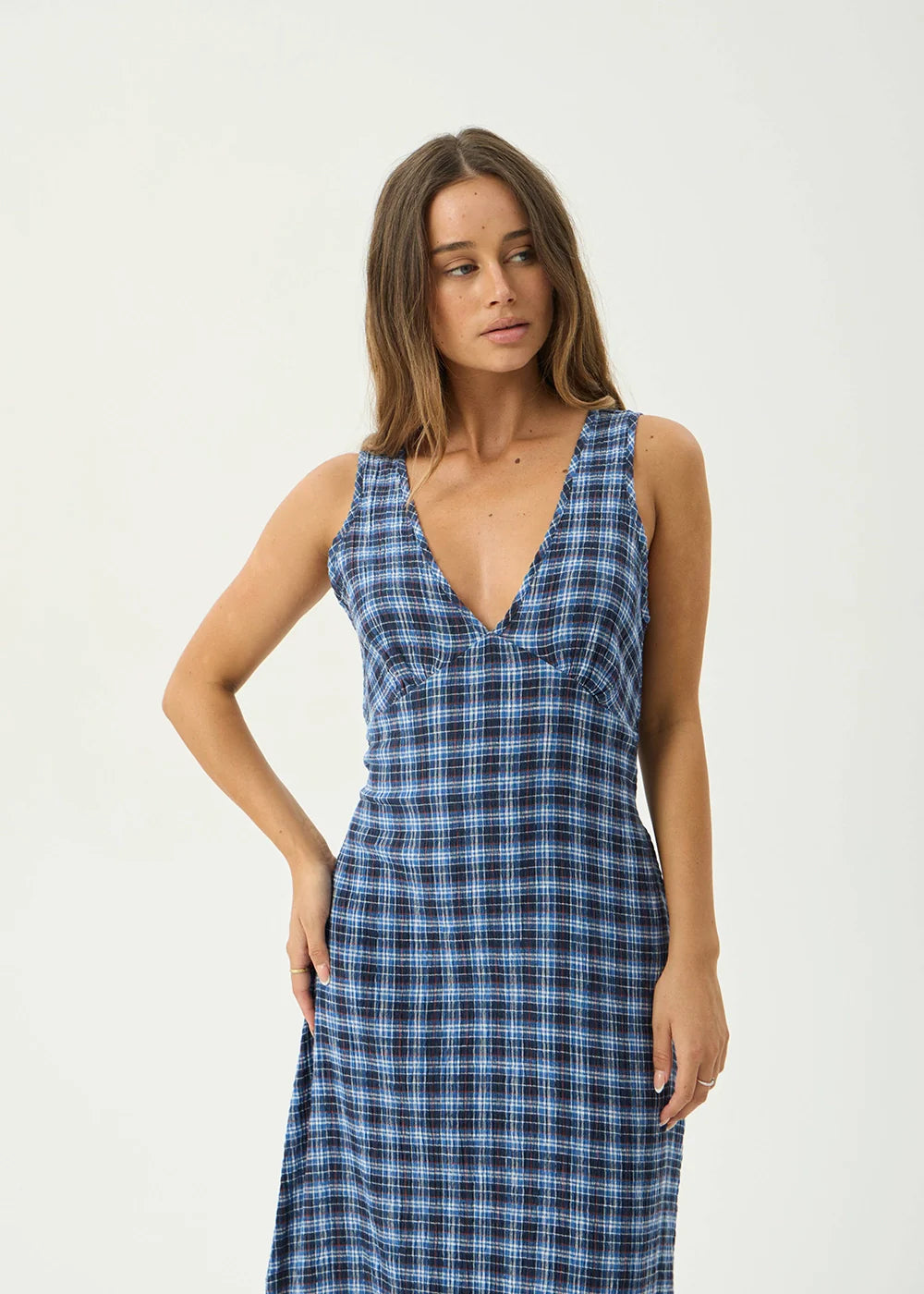AFENDS Womens Tully - Seersucker Maxi Dress - Mountains Navy Red Check