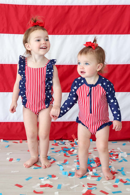 Double Ruffle Bow Back One Piece | Stars & Stripes Party