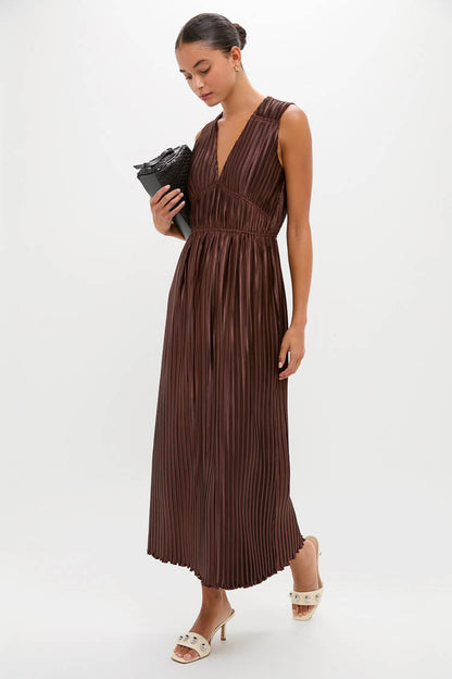 Brown Pleated Chloe Maxi Dress