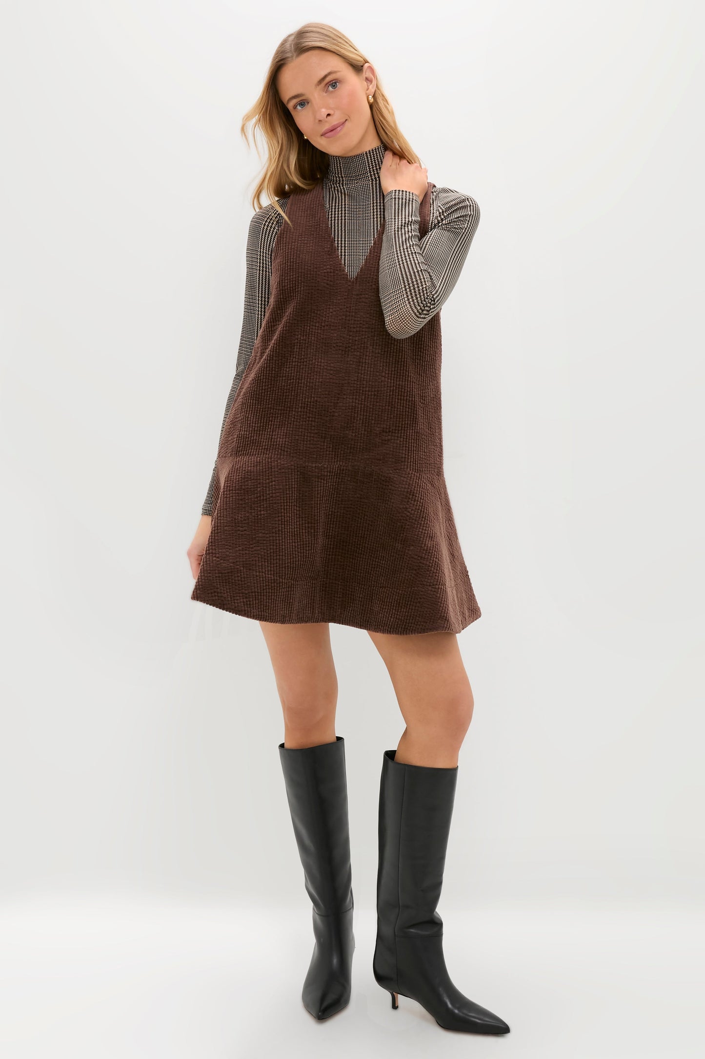 Chicory Coffee Seersucker Corduroy V-Neck Mini Dress