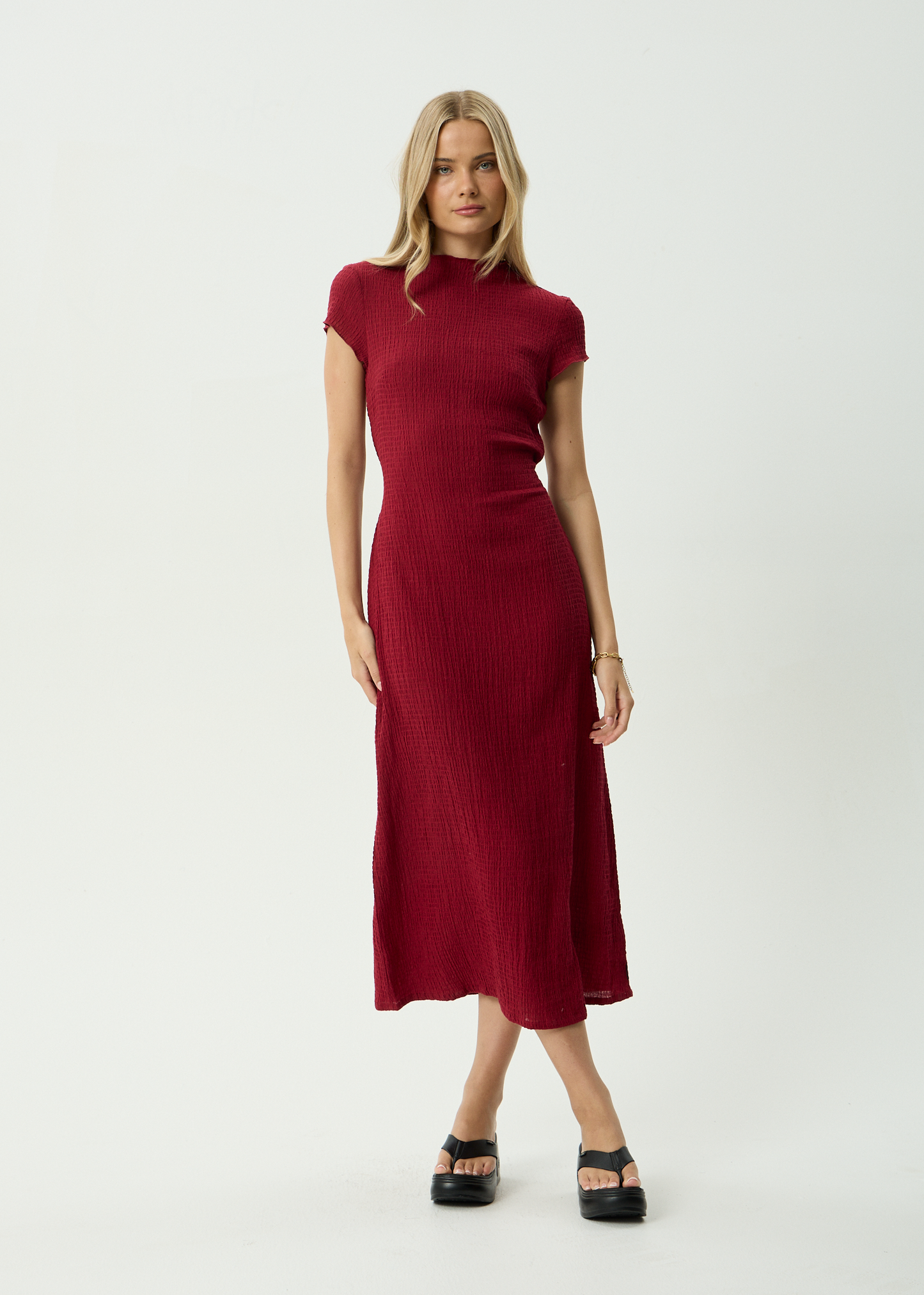 AFENDS Womens Elodie - Hemp Seersucker Midi Dress - Burgundy