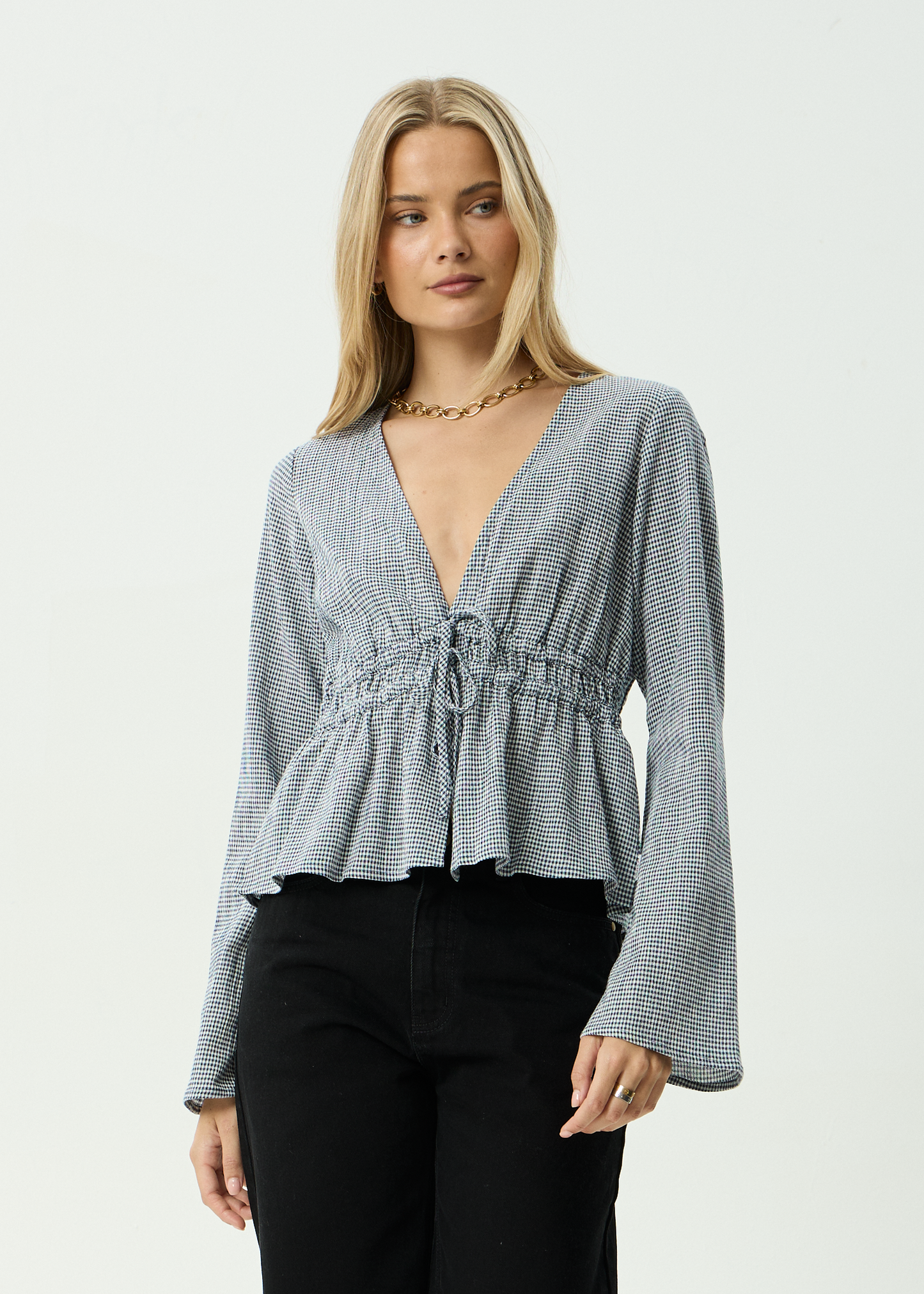 AFENDS Womens Annika - Long Sleeve Top - Indy Navy Check