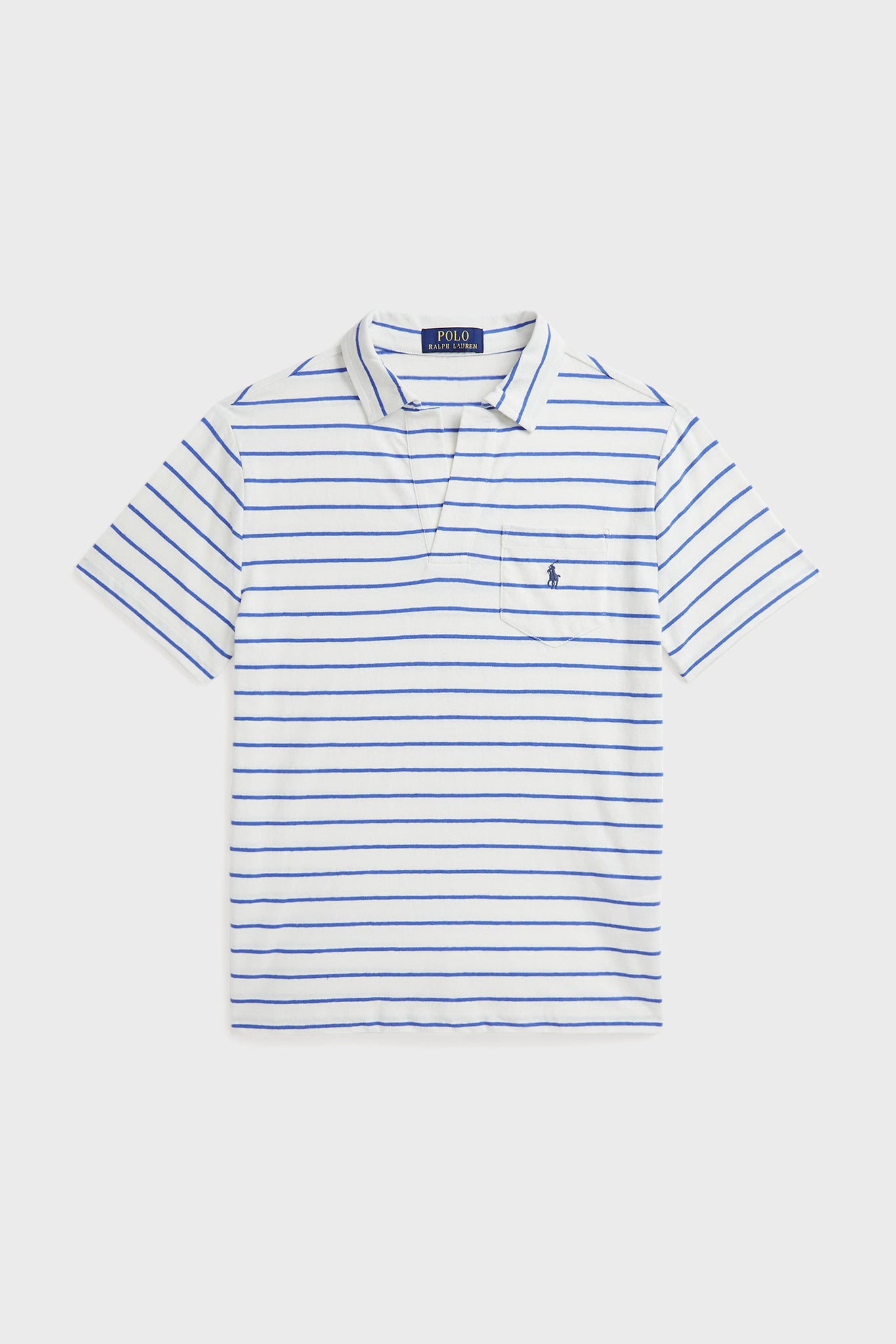 Boys White Short-Sleeve Cotton Linen Jersey Striped Johnny Collar Polo