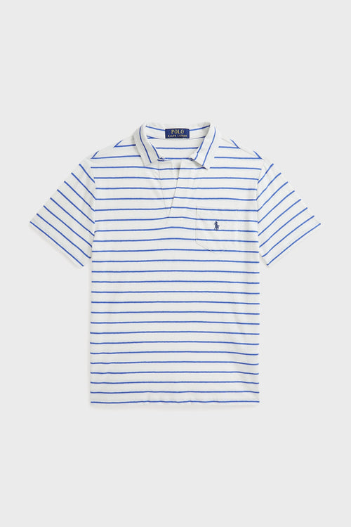 Boys White Short-Sleeve Cotton Linen Jersey Striped Johnny Collar Polo