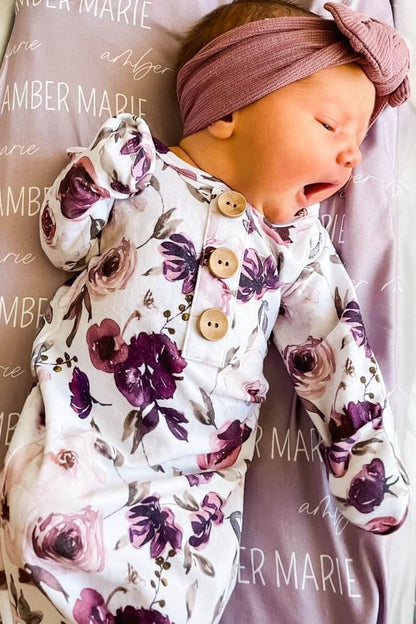 Demi's Dusty Purple Floral Newborn Baby Knot Gown & Hat Set