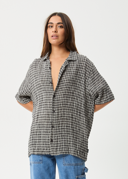 AFENDS Mens Asta - Seersucker Cuban Shirt - Steel Check