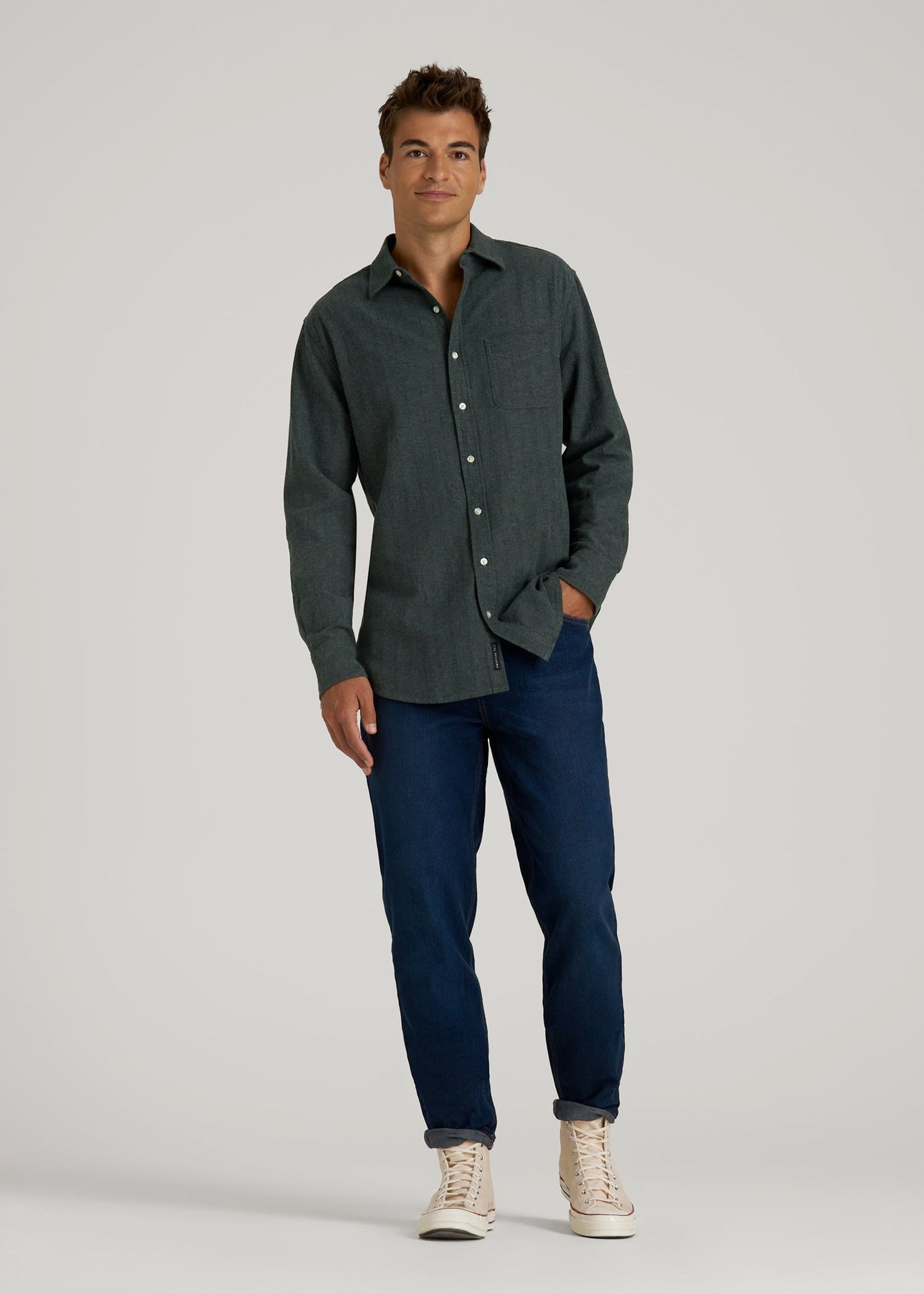 Nelson Flannel Shirt for Tall Men in Balsam Green Chevron