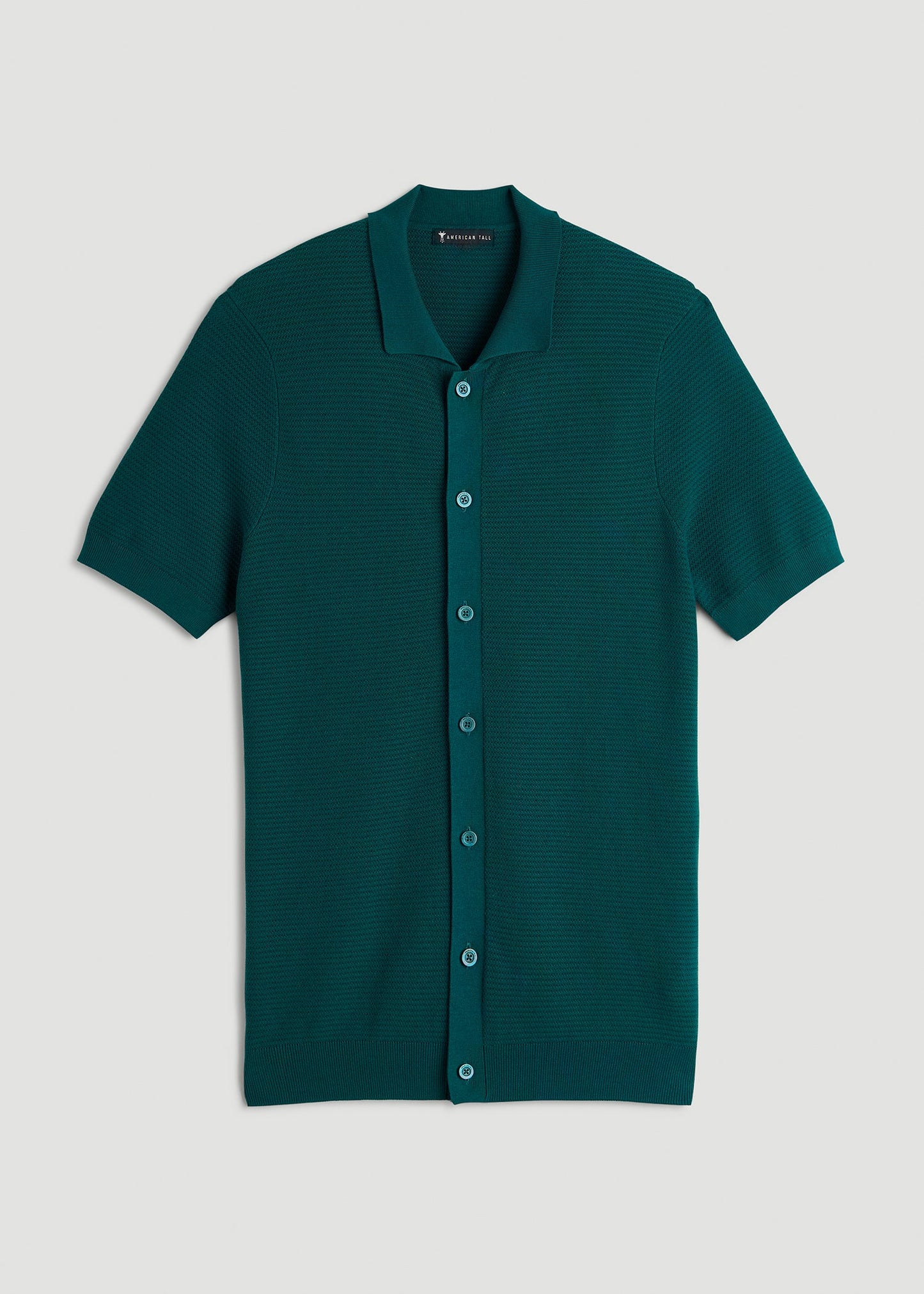 Braided Knit Short Sleeve Polo Cardigan for Tall Men in Deep Teal