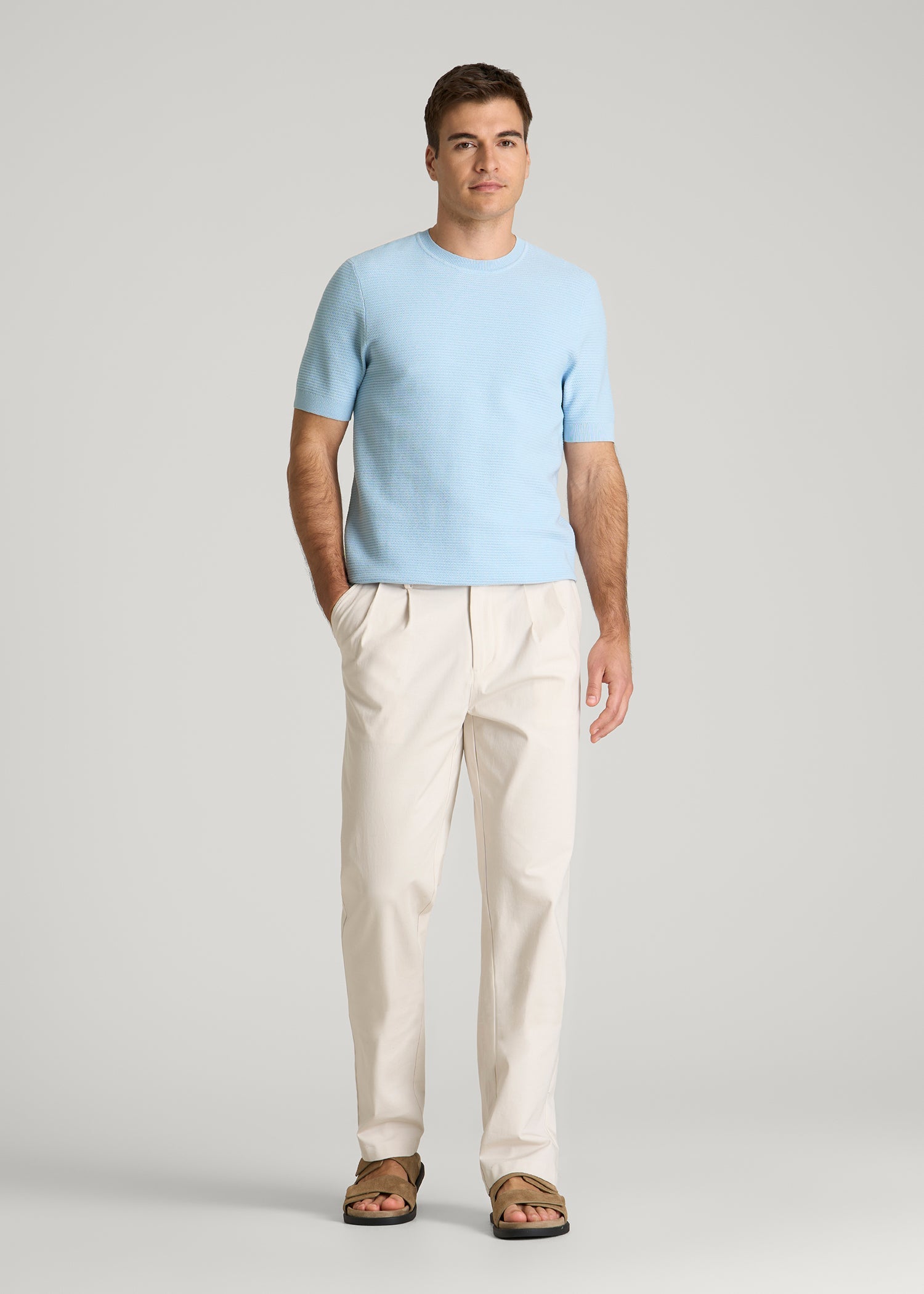 Braided Knit T-Shirt for Tall Men in Ice Blue