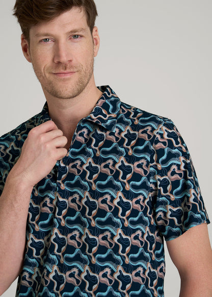 Coastal Perforated Polo Shirt for Tall Men in Blue and Rose Abstract