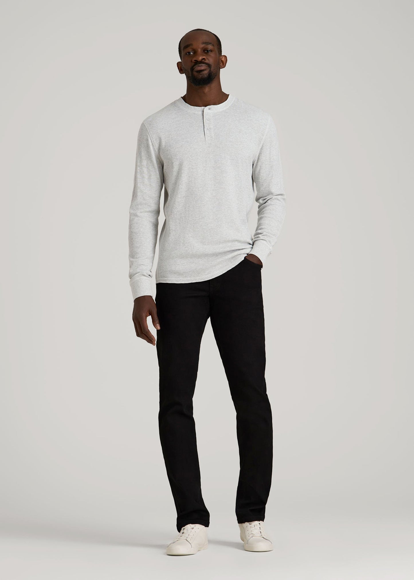 Double Honeycomb Thermal Long-Sleeve Henley Shirt for Tall Men in Light Heather Grey