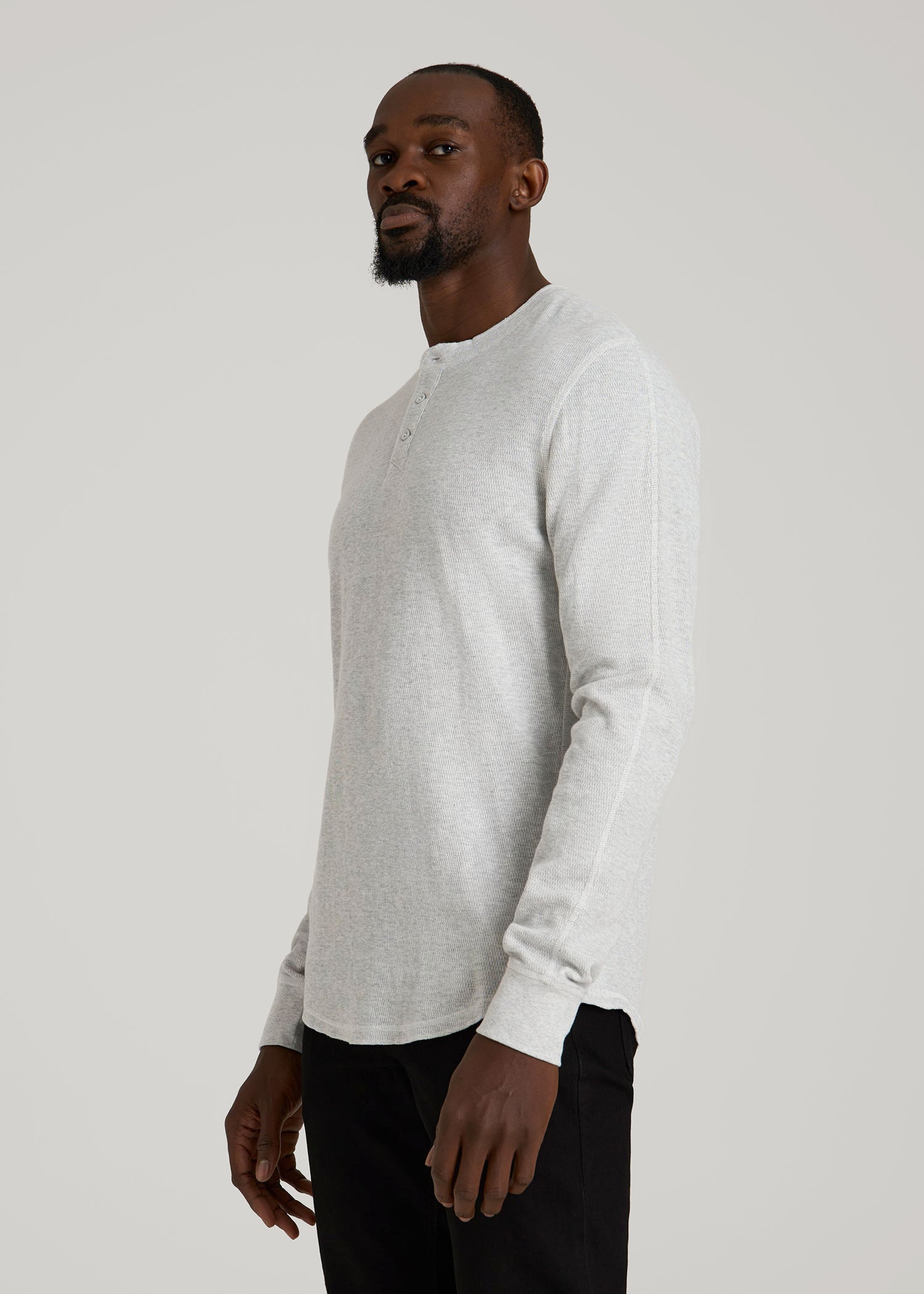 Double Honeycomb Thermal Long-Sleeve Henley Shirt for Tall Men in Light Heather Grey