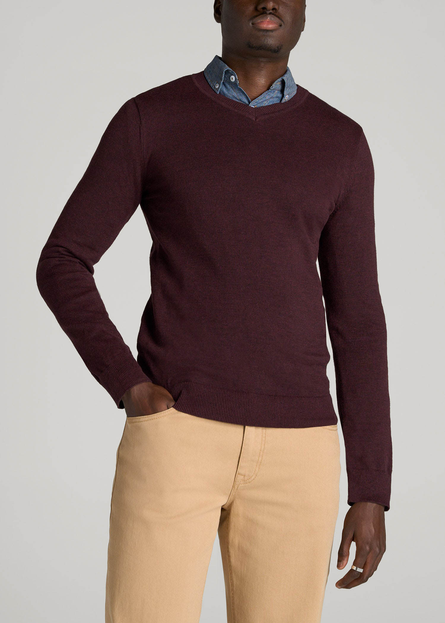 Everyday V-Neck Sweater for Tall Men in Burgundy Mix