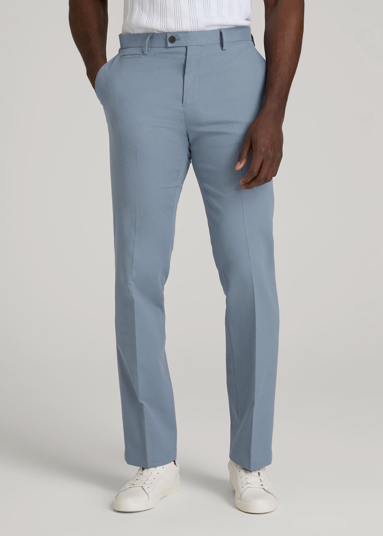 Textured Garment Washed Stretch Cotton Suit Pants for Tall Men in Chambray