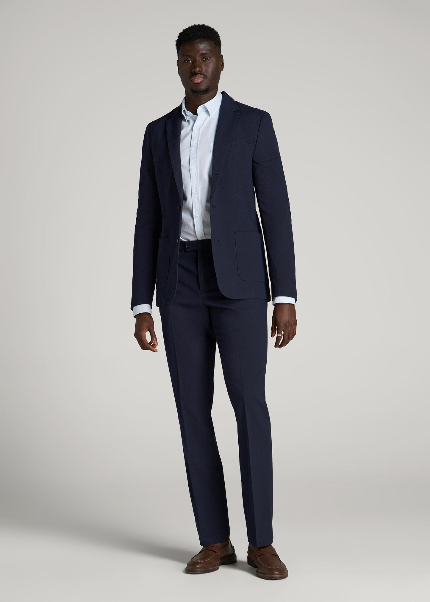 Textured Garment Washed Stretch Cotton Suit Pants for Tall Men in Evening Blue
