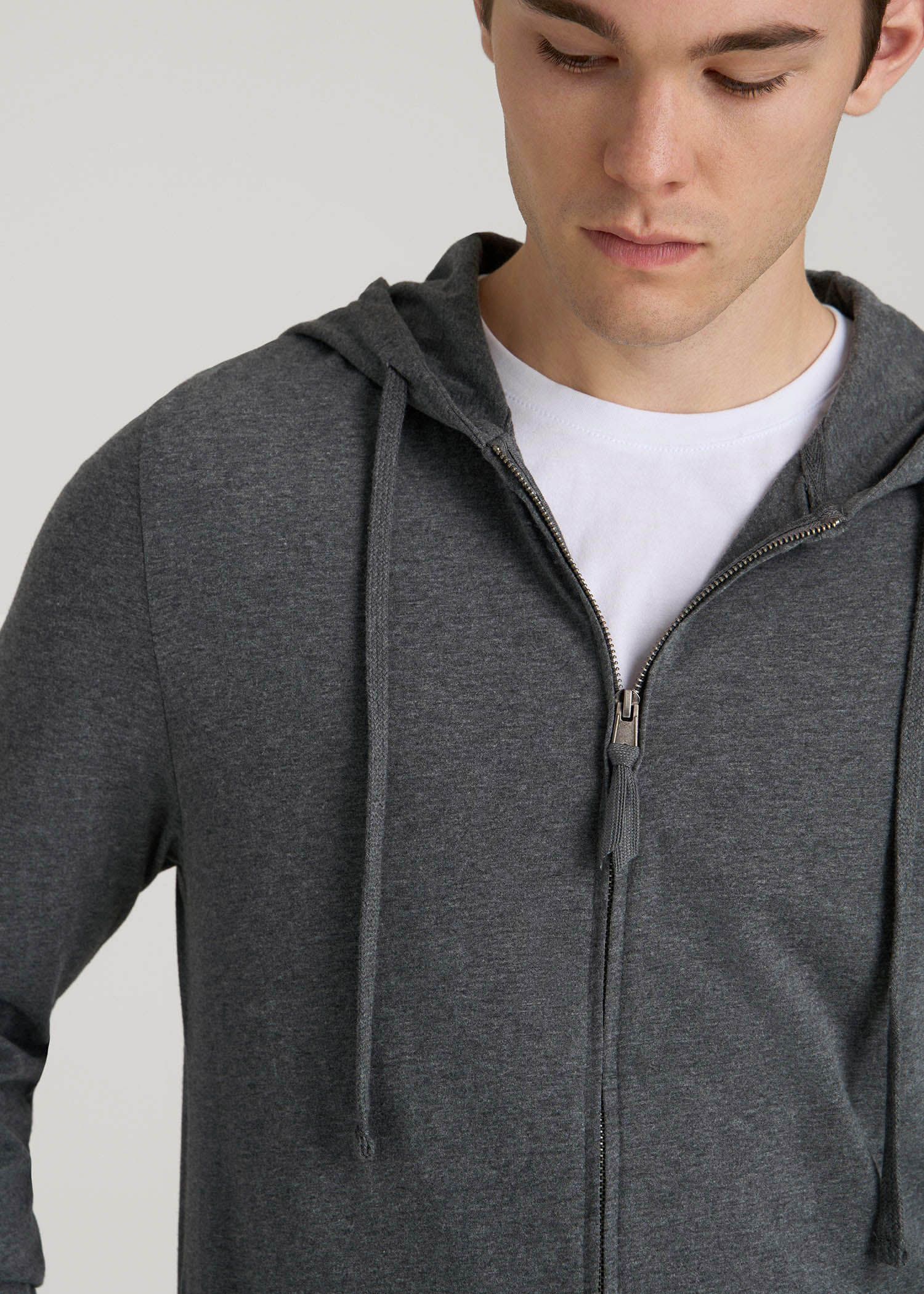 Long Sleeve Full Zip Jersey Hoodie for Tall Men in Charcoal Mix