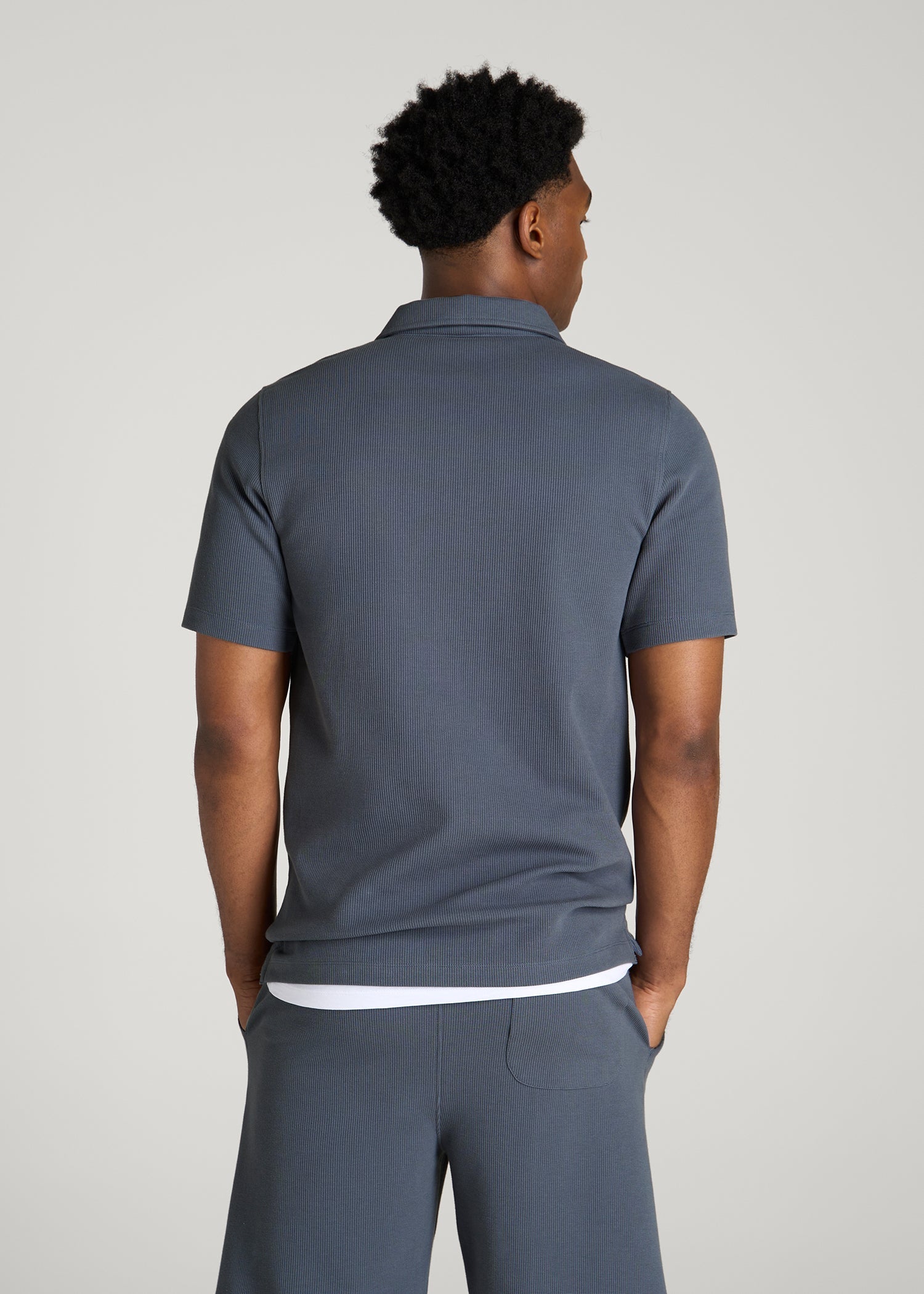 Micro Waffle Polo for Tall Men in Grey Blue